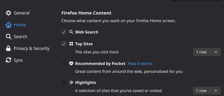 configure firefox home tab