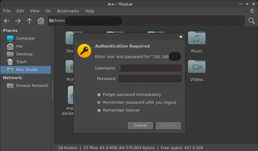 GhostBSD XFCE file manager connecting to a Mac via SFTP