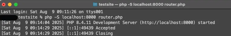 macOS Terminal window showing PHP built-in server running on localhost at port 8000 with router script.