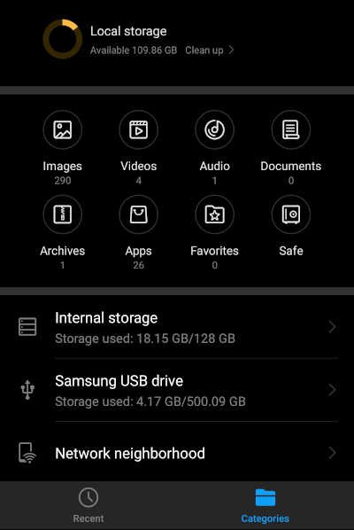 Samsung SSD connected to Huawei P20 Pro phone with USB3 cable