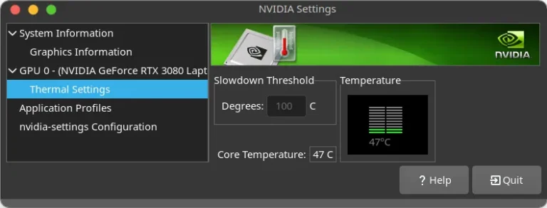 Screenshot of NVIDIA software showing lower GPU temperature on Linux (47°C) compared to Windows, on an Asus Zephyrus laptop.