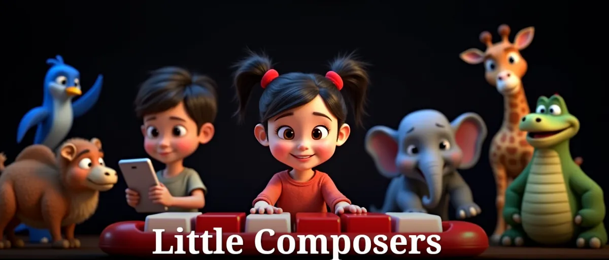 Colorful banner for Little Composers featuring a young boy playing a toy piano surrounded by animals, symbolizing creativity and the joy of music composition for children.