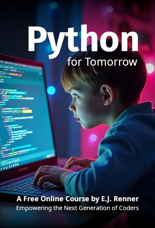 Cover of 'Python for Tomorrow': A free Python book for kids, featuring colorful graphics and engaging design, aimed at introducing young learners to programming.