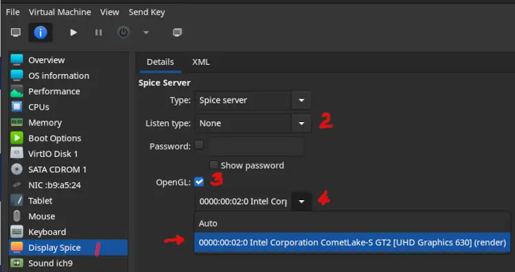 Screenshot showing how to adjust Display Spice settings for enabling 3D acceleration in QEMU Virtmanager before starting the virtual machine.