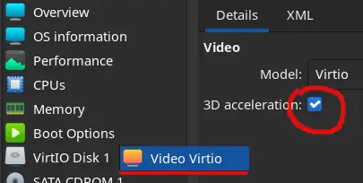 Screenshot of Video Virtio settings in QEMU Virtmanager with the option checked to enable 3D acceleration for the virtual machine.