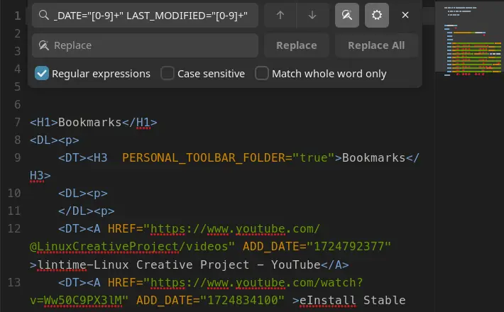 Screenshot showing Gnome Text Editor with regex fields populated, displaying a cleaned-up Brave bookmark HTML file with only URLs remaining after applying the regular expression cleanup.