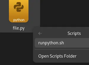 Screenshot of the GNOME right-click menu showing the 'Scripts' option with 'run_python.sh' for executing Python files.