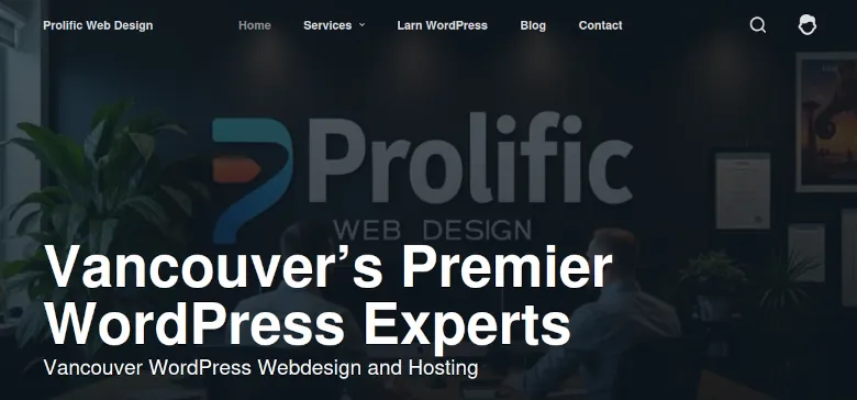 Header banner for Prolific Web Design, showcasing a modern and vibrant design, featuring the company logo and a tagline emphasizing web design services in Vancouver.