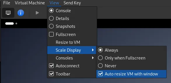 Screenshot showing how to enable the 'Autoresize VM with window' option in Virt-Manager for Debian Trixie, located under View > Scale Display settings.