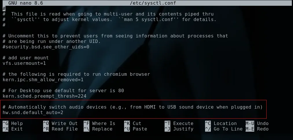 screenshot of the Nano editor editing a sound configuration file