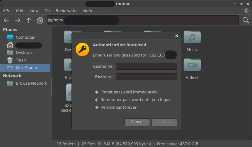 Screenshot showing SFTP file transfer in progress on GhostBSD with the Xfce desktop environment. Demonstrates seamless remote file management over SSH.
