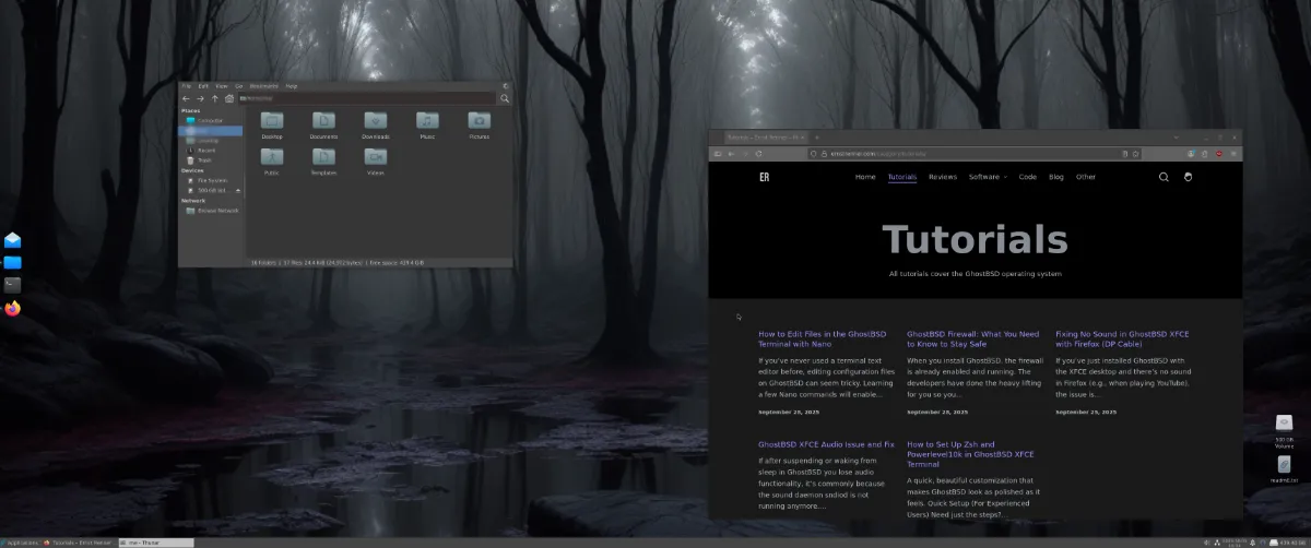 Full screenshot of GhostBSD XFCE desktop environment showing the beautiful user interface with panel, wallpaper, and open applications