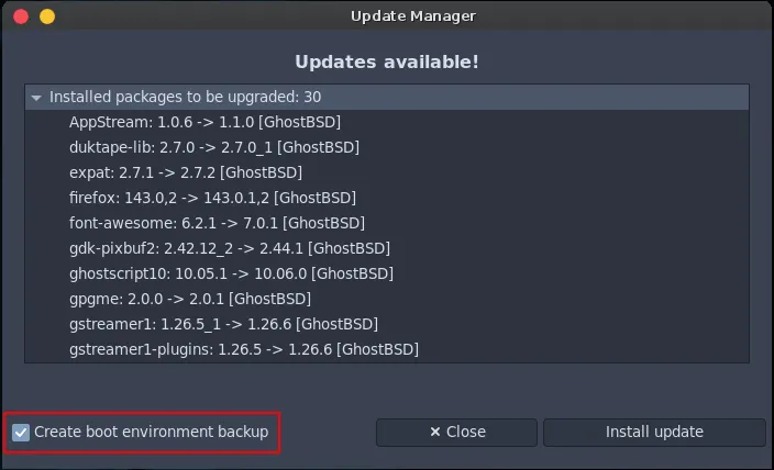 GhostBSD Update Manager with 'Create boot environment backup' checkbox highlighted