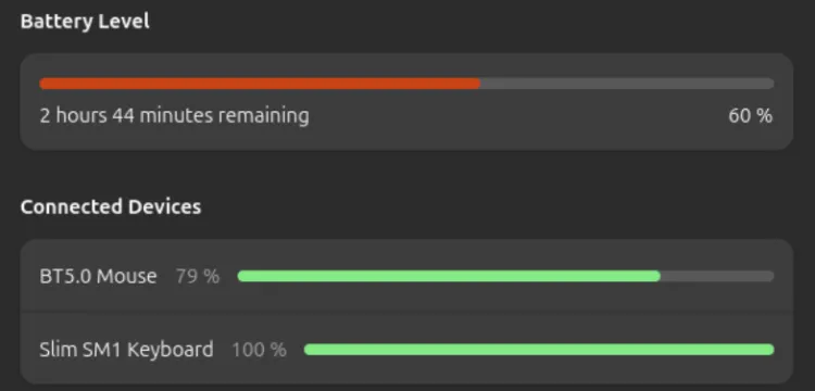 Screenshot of Ubuntu 25.10 GNOME Settings open to the Power section, displaying current battery percentage and power status.