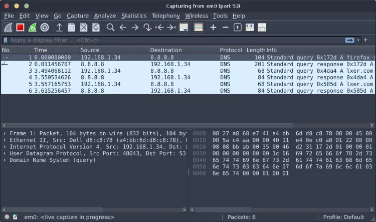 Wireshark interface displaying captured network packets for network analysis and troubleshooting.