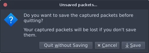 Wireshark warning dialog prompting to save, cancel, or quit a network capture session.