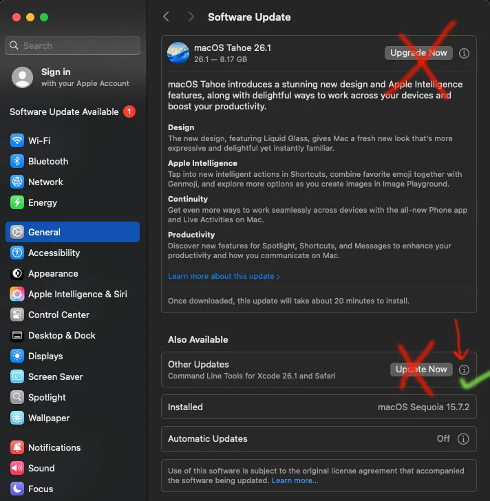 Screenshot of macOS Sequoia update panel showing hidden options and Tacoma upgrade, highlighting cautious update practices.