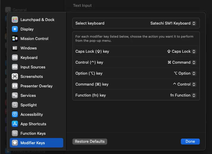 Screenshot of the Modifier Keys settings in macOS showing how to swap Command and Control keys for Windows-style shortcuts.
