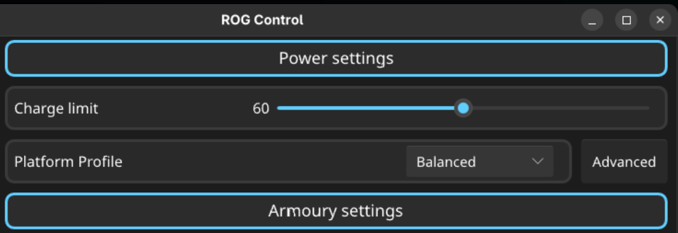 Screenshot of Fedora 43 asusctl GUI showing keyboard Aura power settings with Boot and Awake toggles enabled, while Sleep and Shutdown are disabled.