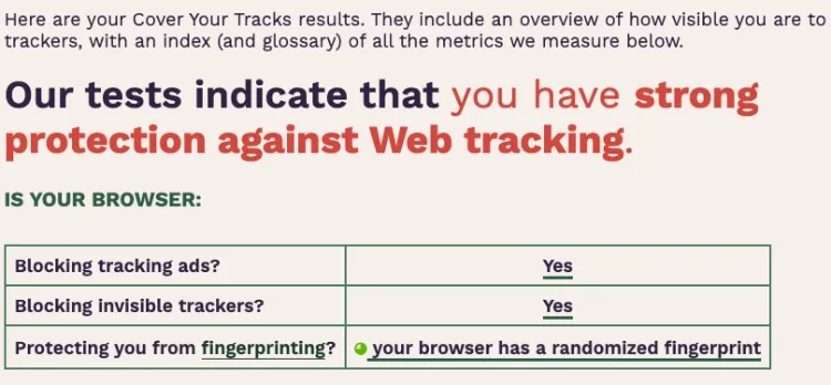 Brave browser privacy test results from Cover Your Tracks showing strong protection and high marks.