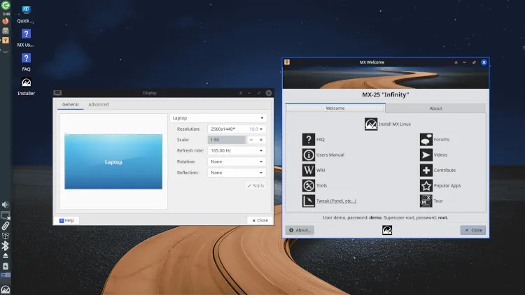 Screenshot of MX Linux AHS desktop running on Asus Zephyrus laptop with 125% display scaling