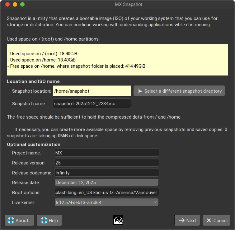 Screenshot of the MX Linux Snapshot app interface, showing options to create, restore, and manage system snapshots for quick recovery after updates or experiments.