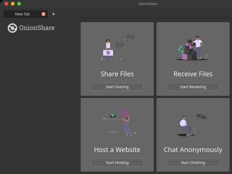 OnionShare application showing four main options: Send, Receive, Host Website, and Chat.