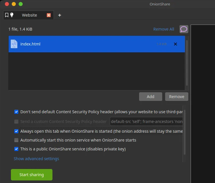 OnionShare web hosting tab open, ready to serve a static site via onion address.