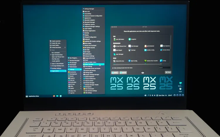 Zephyrus laptop running MX Linux AHS edition, showcasing smooth performance and sleek interface.