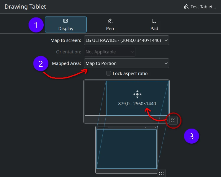 Screenshot of the KDE Plasma system settings showing the successful configuration and mapping of an XP-Pen Deco Pro drawing tablet on CachyOS.