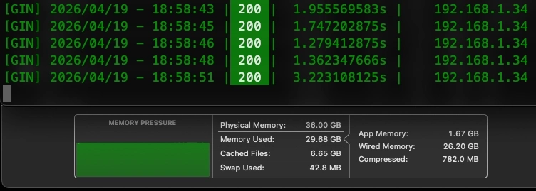 A screenshot showing ollama runnig on my Mac Studio plus the system monitor to show the memory usage.